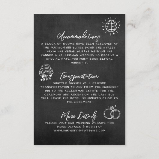 Hand getrokken krijtbord grillige bruiloft details informatiekaartje (Achterkant)