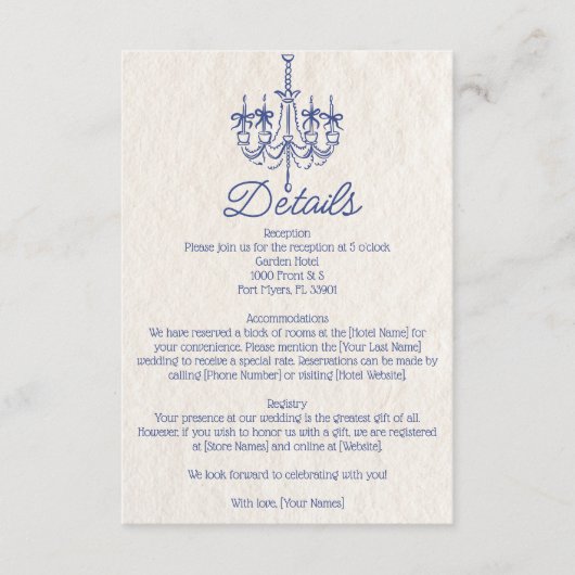 Hand Getrokken Kroonluchter Wedding Details Informatiekaartje (Voorkant)