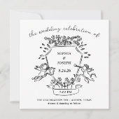 Hand getrokken kuif met cherubs en lint | Bruiloft Kaart (Voorkant)