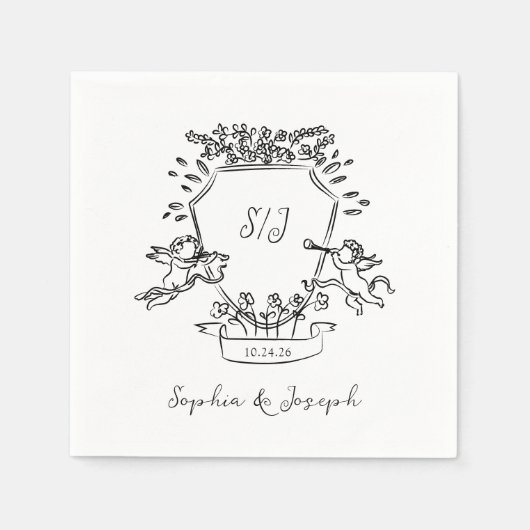 Hand getrokken kuif met Cherubs en Monogram bruilo Servet (Voorkant)