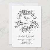 Hand getrokken kuif met Cherubs en uw foto Save The Date (Voorkant)