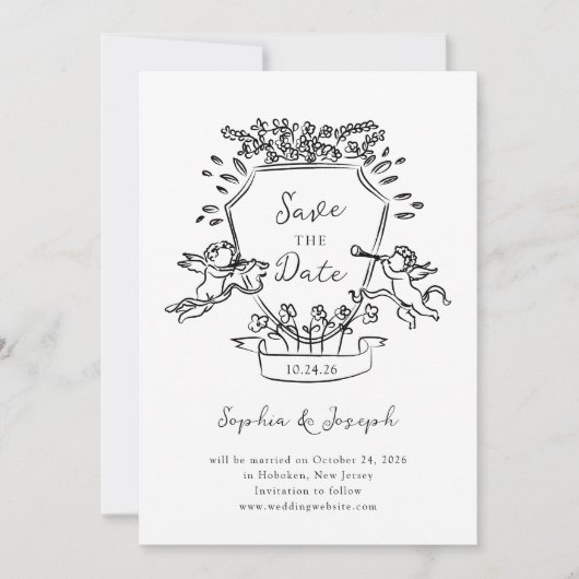 Hand getrokken kuif met Cherubs en uw foto Save The Date (Voorkant)