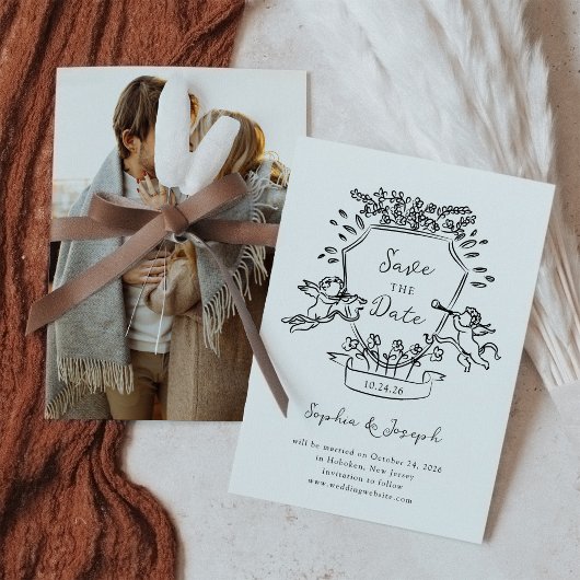 Hand getrokken kuif met Cherubs en uw foto Save The Date