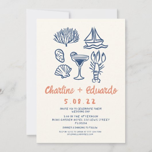 Hand getrokken Kust Retro Bruiloft uitnodiging (Voorkant)