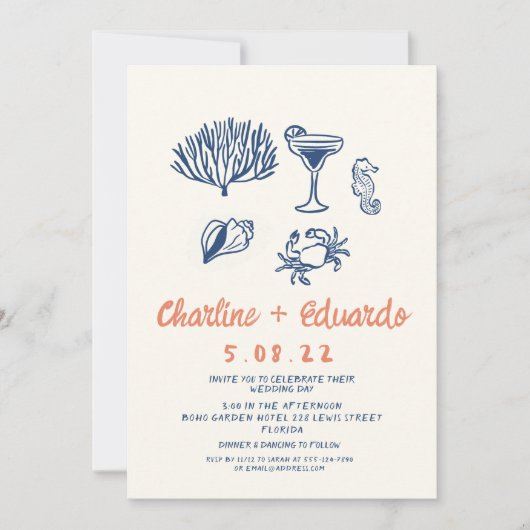 Hand getrokken Kust Retro Bruiloft uitnodiging (Voorkant)