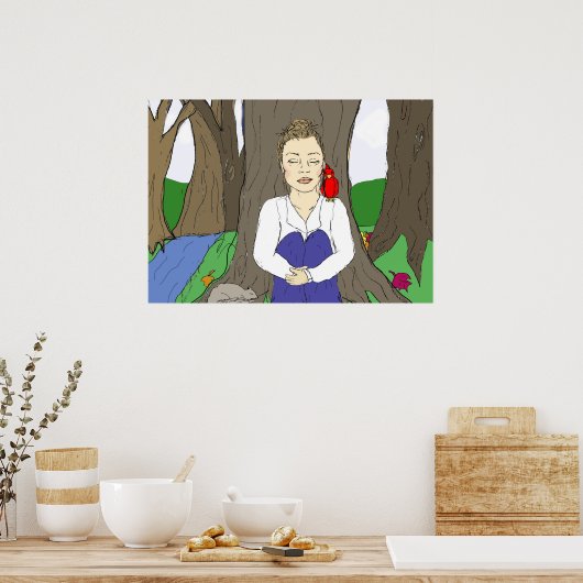 Hand-getrokken Lady Meditating in het bos Poster (Keuken)