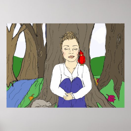 Hand-getrokken Lady Meditating in het bos Poster (Voorkant)