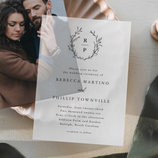 Hand getrokken Laurel Krans Monogram Huwelijk Vellum Uitnodigingen