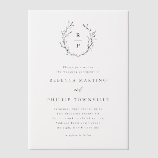 Hand getrokken Laurel Krans Monogram Huwelijk Vellum Uitnodigingen (Voorkant)