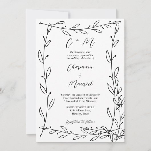 Hand getrokken Laurel lijst Monogram bruiloft Kaart (Voorkant)