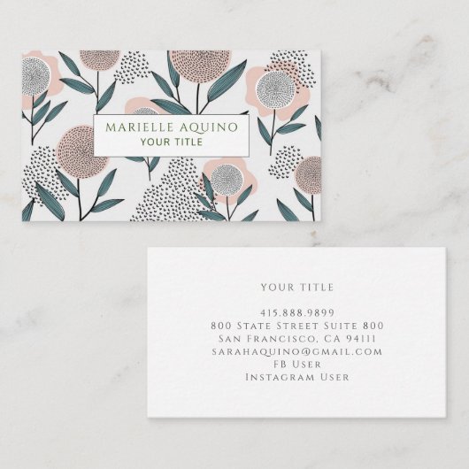 Hand Getrokken Lente Bloemen Stoffig Koraal & Groe Visitekaartje (Voorkant / Achterkant)