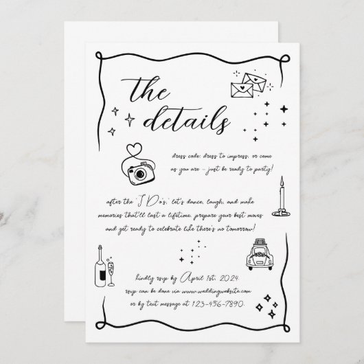 Hand getrokken Leuk Doodle Bruiloft Details Kaart (Voorkant / Achterkant)