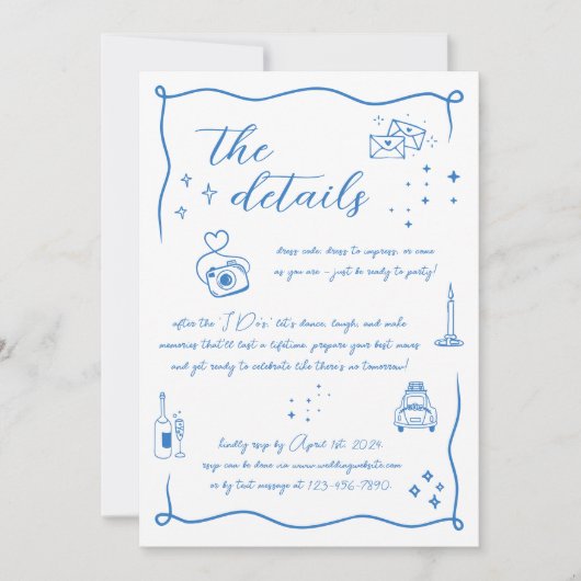 Hand getrokken Leuk Doodle Wit Blauw Wed Details K Kaart (Voorkant)