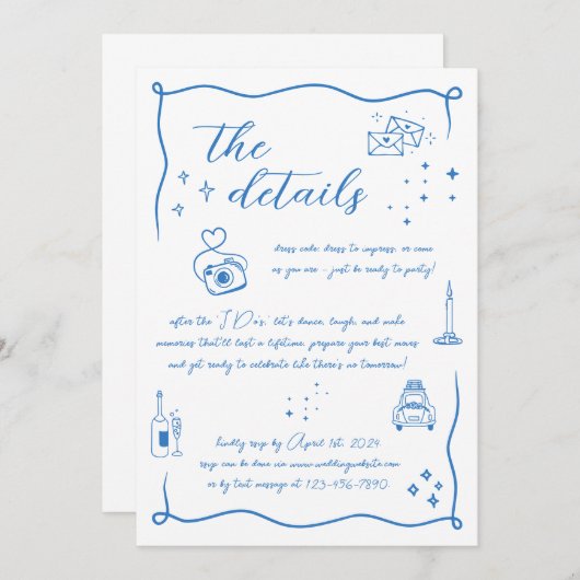 Hand getrokken Leuk Doodle Wit Blauw Wed Details K Kaart (Voorkant / Achterkant)