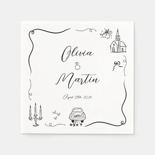 Hand getrokken Leuk Doodle Zwart en Wit Bruiloft Servet (Voorkant)
