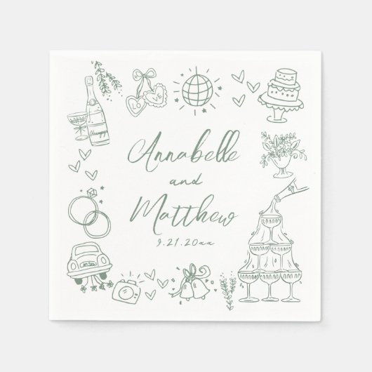 Hand getrokken leuke groene grillige bruiloft servet (Voorkant)