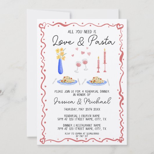 Hand getrokken liefde en pasta Italiaans repetitie Kaart (Voorkant)