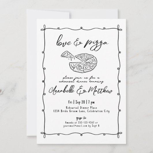 Hand getrokken liefde pizza bruiloft repetitie din kaart (Voorkant)