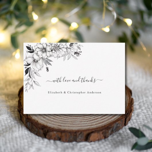 Hand getrokken lijn Art Bloemen Zwart Wit Bruiloft Bedankkaart
