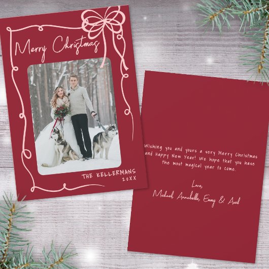 Hand getrokken lint boog rood retro kerst feestdagenkaart