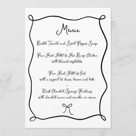 Hand getrokken lint & boog zwart & wit bruiloft menu (Voorkant)
