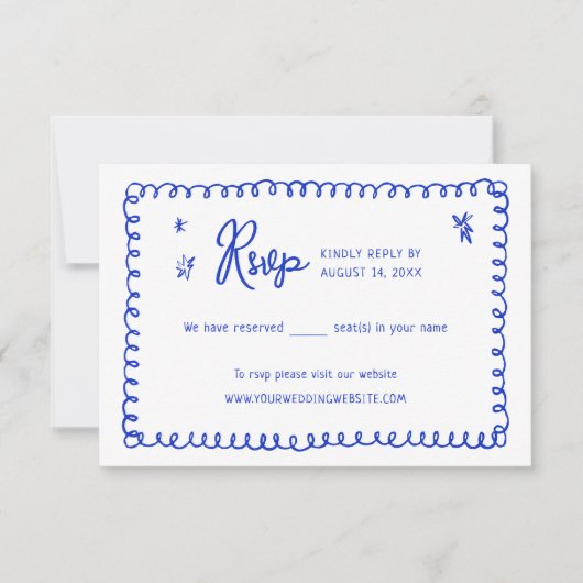 Hand getrokken lint Frans blauw bruiloft RSVP Kaar (Voorkant)