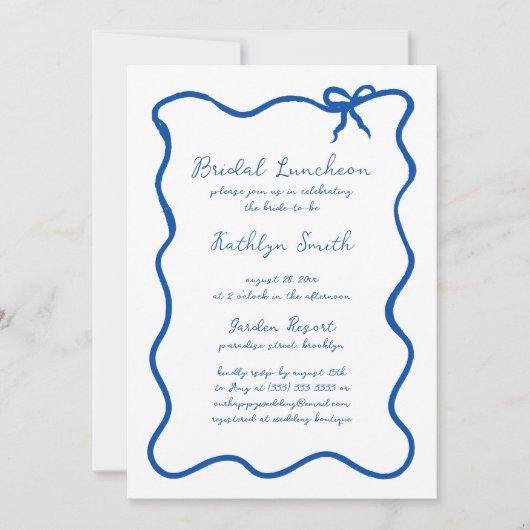 Hand getrokken lint grillige blauwe bruids lunch kaart (Voorkant)