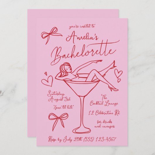 Hand getrokken Martini Bachelorette uitnodiging Cu (Voorkant / Achterkant)