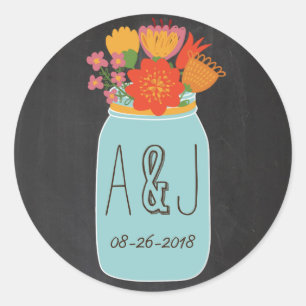 Hand getrokken Mason Jar & Bloemen krijtbord Monog Ronde Sticker