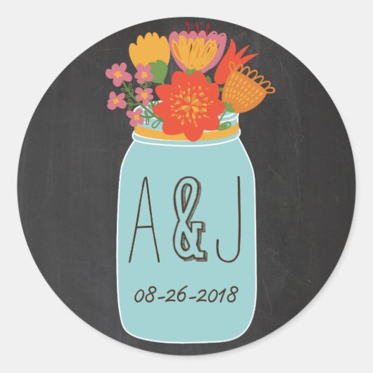 Hand getrokken Mason Jar & Bloemen krijtbord Monog Ronde Sticker (Voorkant)