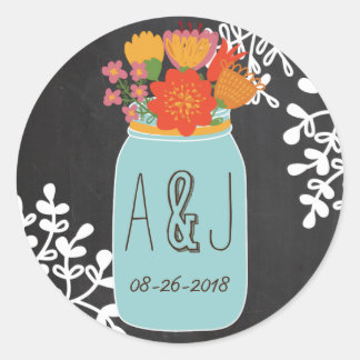 Hand getrokken Mason Jar & Bloemen krijtbord Monog Ronde Sticker