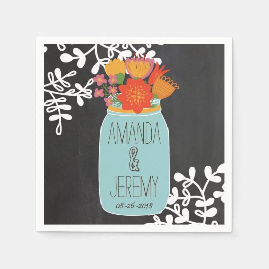 Hand getrokken Mason Jar & Bloemen op krijtbord Servetten (Voorkant)