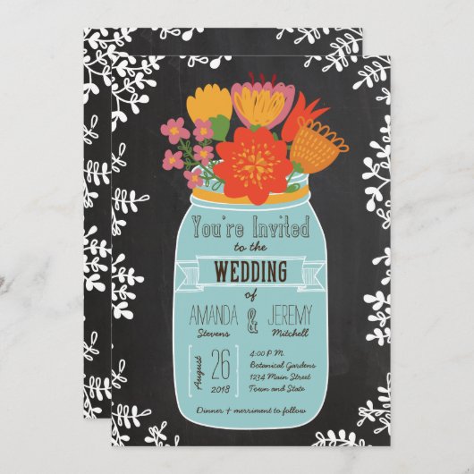 Hand getrokken Mason Jar met bloemen op schoolbord Kaart (Voorkant / Achterkant)