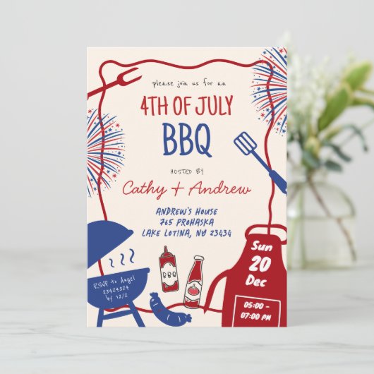 Hand getrokken minimalistische BBQ 4 juli BBQ Kaart (Staand voorkant)