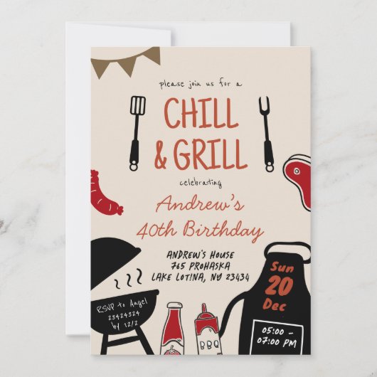 Hand getrokken minimalistische BBQ Chill en Grill  Kaart (Voorkant)