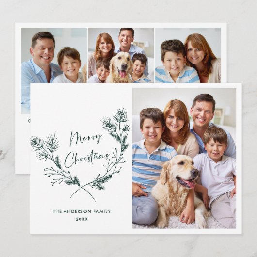 Hand getrokken minimalistische kerstkrans 4 foto feestdagenkaart (Voorkant / Achterkant)