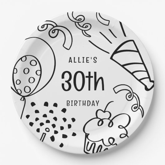 Hand getrokken moderne verjaardag Elke leeftijd zw Papieren Bordje (Voorkant)