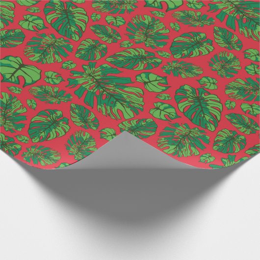 Hand getrokken Monstera Leaf Array Rood Cadeaupapier (Hoek)