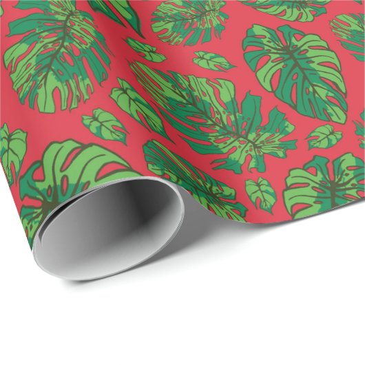Hand getrokken Monstera Leaf Array Rood Cadeaupapier (Rol Hoek)