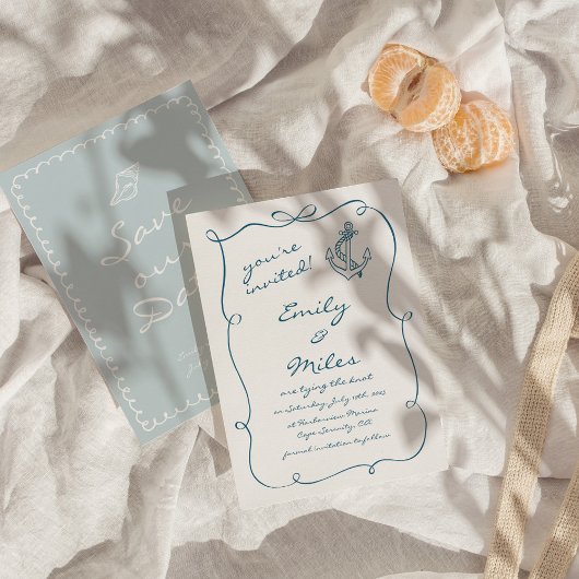 Hand getrokken nautische bruiloft Bewaar de datum Kaart