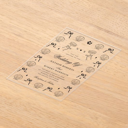 Hand getrokken nautische kust zeeschelp shell brui acryl uitnodigingen (Laagn)