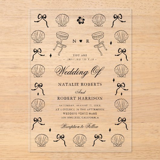 Hand getrokken nautische kust zeeschelp shell brui acryl uitnodigingen (Voorkant)