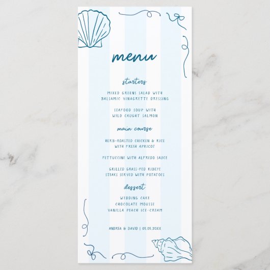 Hand getrokken nautische zeeschelp kust bruiloft m menu (Voorkant)