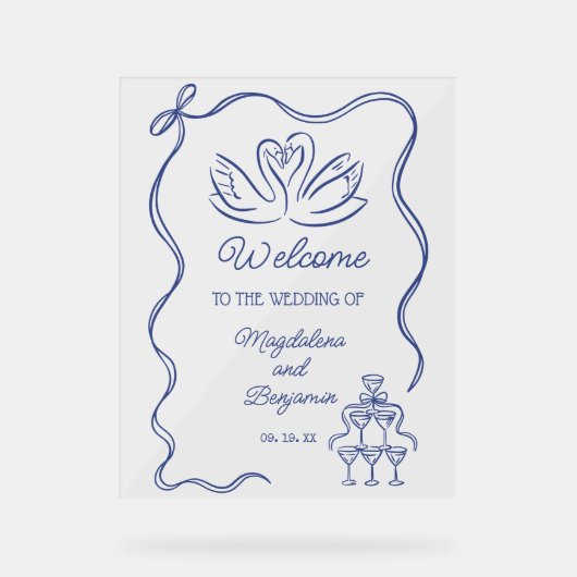  Hand Getrokken Navy Blue Retro Wedding Welkom Acryl Bord (Voorkant)
