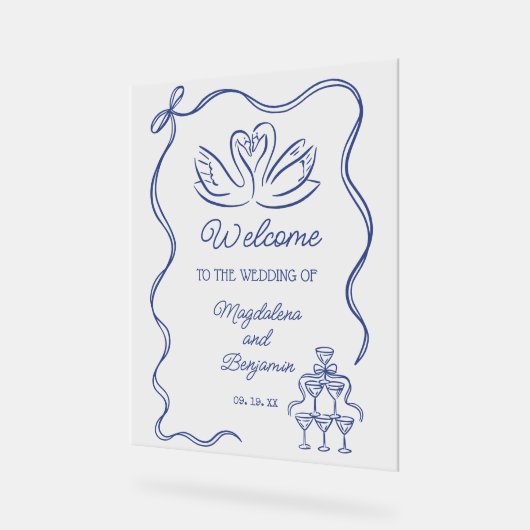  Hand Getrokken Navy Blue Retro Wedding Welkom Acryl Bord (Hoek)