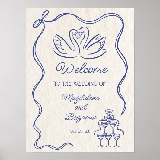 Hand Getrokken Navy Blue Swans Wedding Welkom Poster (Voorkant)