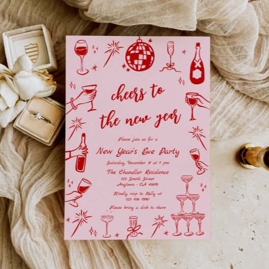 Hand getrokken New Years Eve Party Uitnodiging roz