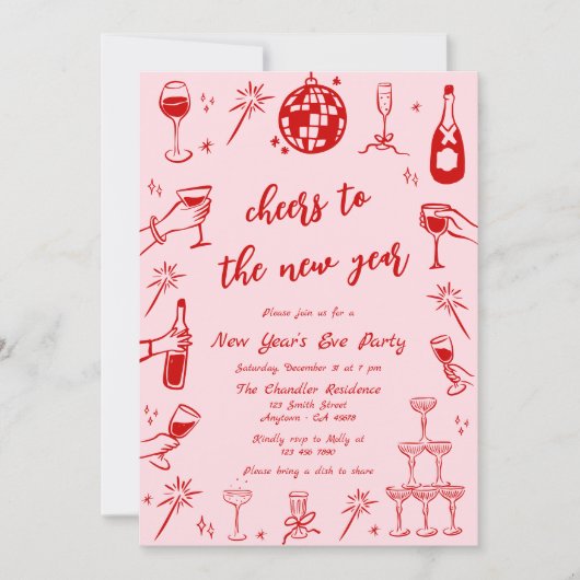 Hand getrokken New Years Eve Party Uitnodiging roz (Voorkant)