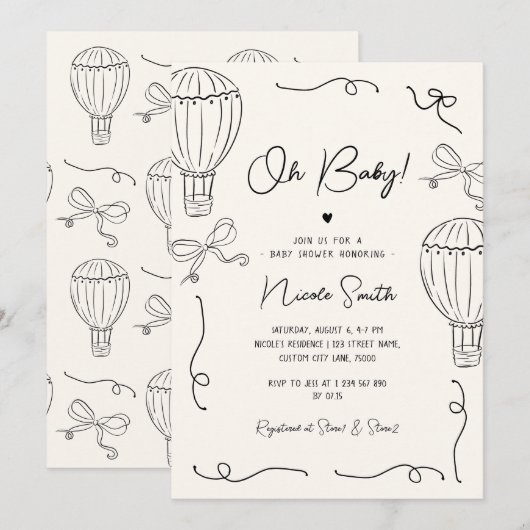 Hand getrokken Oh Baby Hete Luchtballon Bow Baby s Kaart (Voorkant / Achterkant)