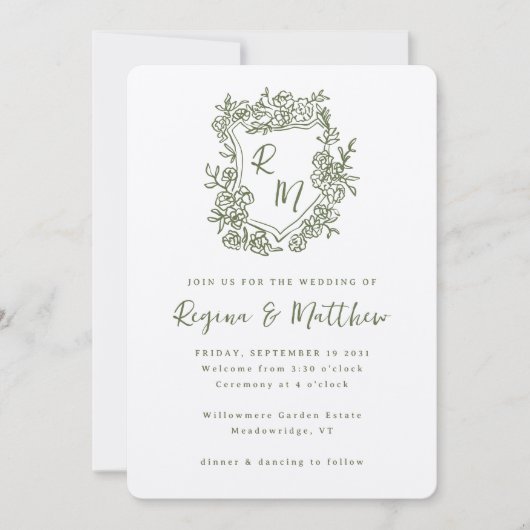 Hand getrokken Olive Crest Monogram All-in-One Wed Kaart (Voorkant)